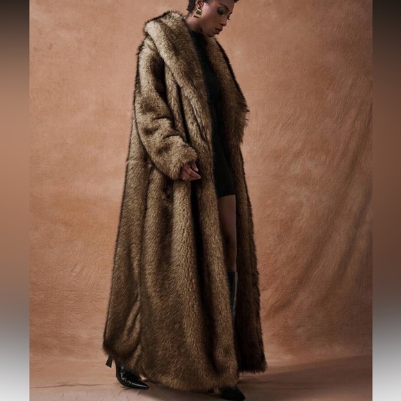 Vintage Style Luxury Faux Fur longline Coat Chocolate Brown tan - Picture 7 of 11